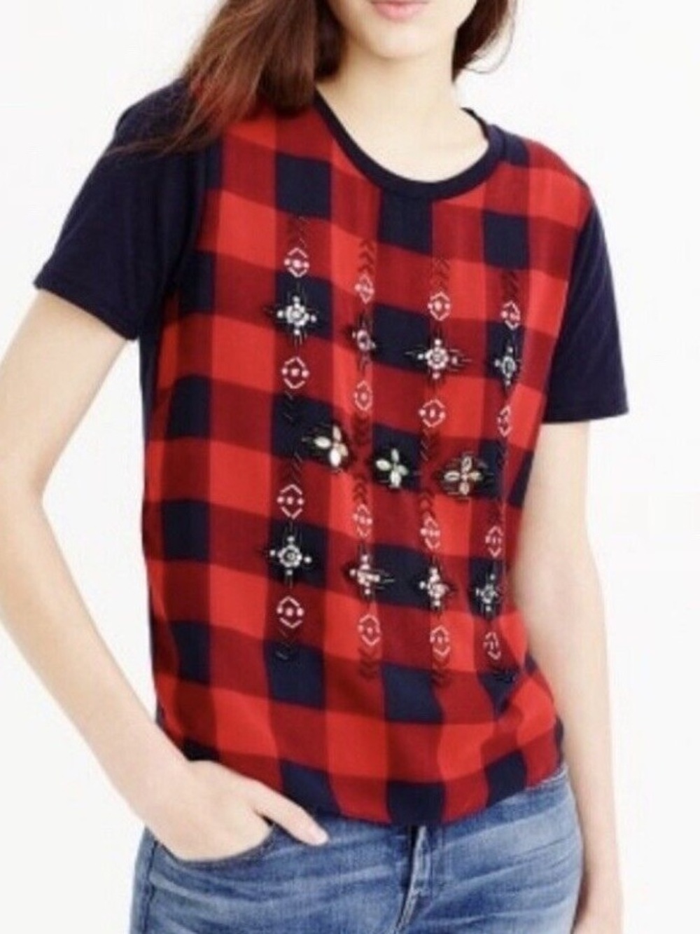 J. Crew | Beaded Tartan Plaid T-shirt -Red & Navy Checkered Pattern -Preppy Chic
